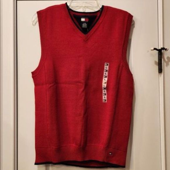 NWT Tommy Hilfiger Cotton Sweater Vest Sz Large Red w/ Stripe - Picture 1 of 3